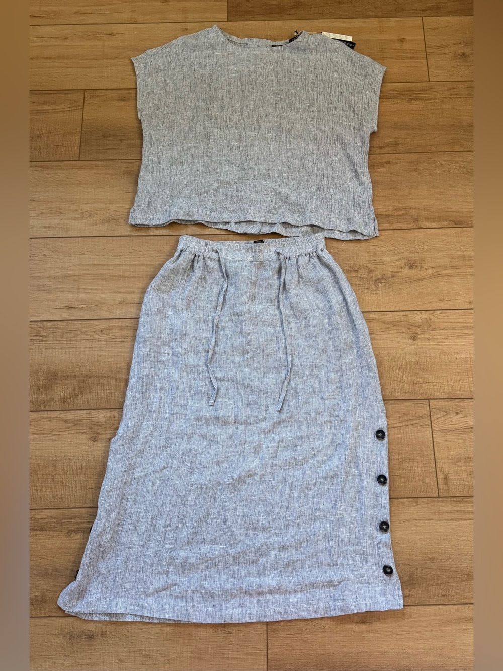 Tahari 100% Textured Linen 2 Piece Matching Set Gray | Top XL | Maxi Skirt L
